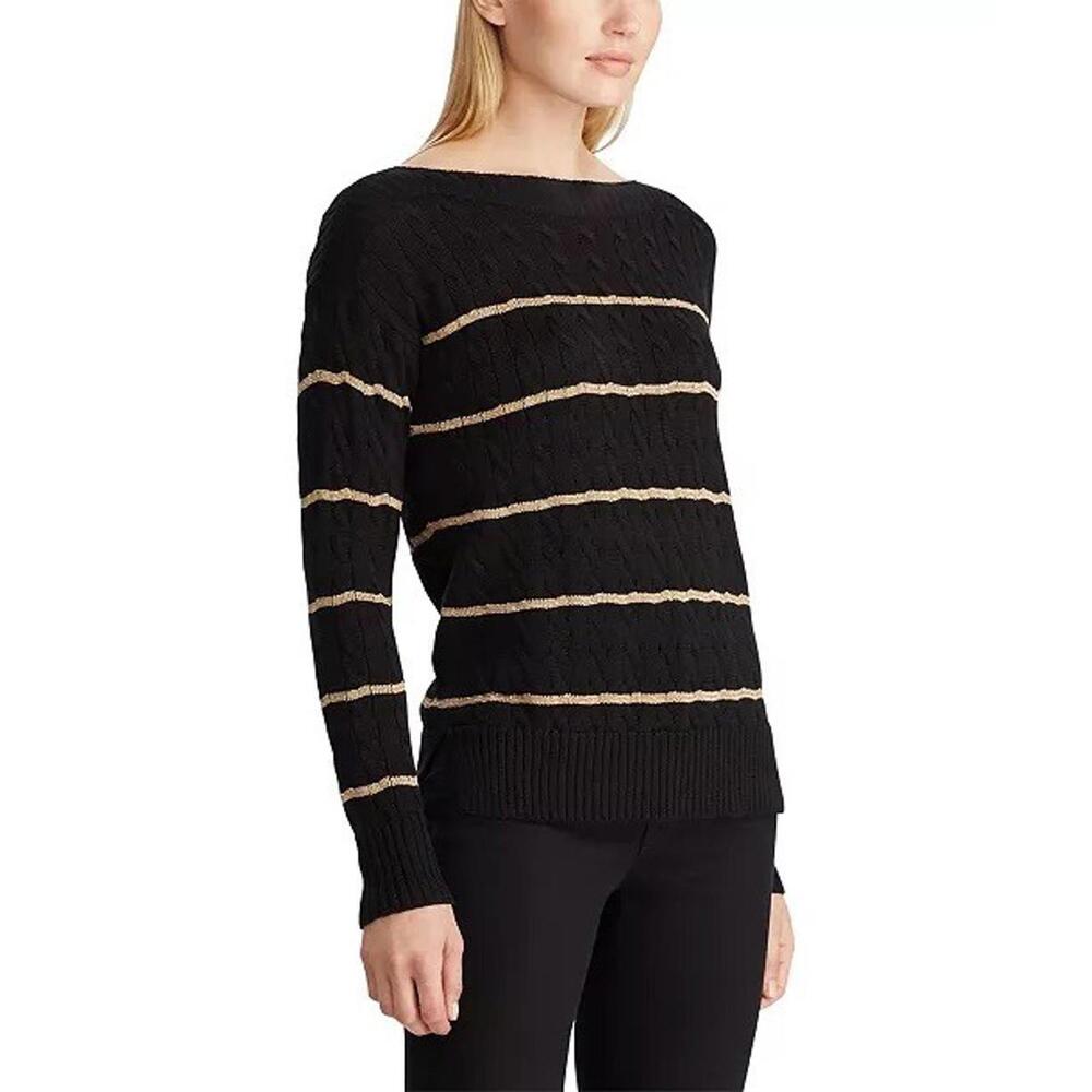 Lauren Ralph Lauren Black | Metallic Gold Striped Knit Sweater Size XL